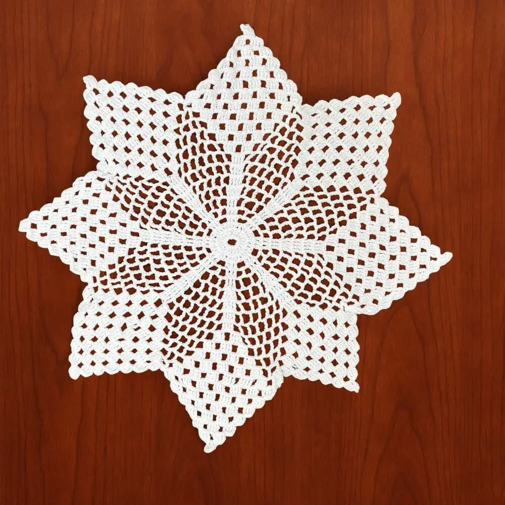 Vintage Hand Crocheted Doilies Set 2 White Table Topper Openwork Star Snowflake